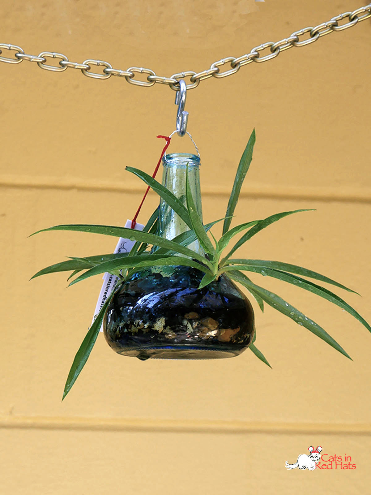 Small blue tear shaped Cold Saki bottle with holes in side for plants